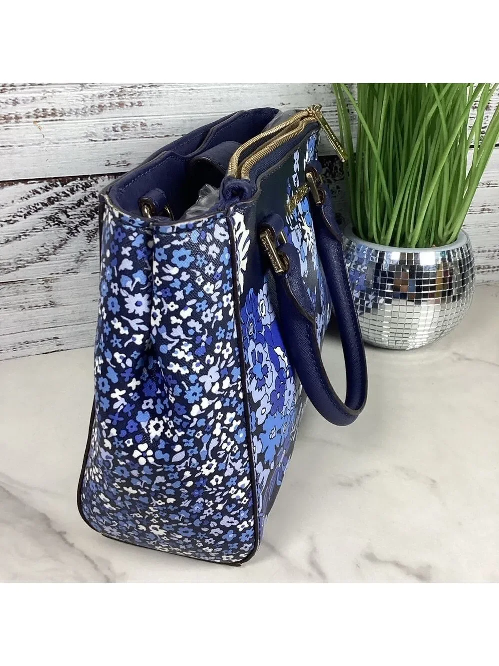 Michael Kors Kellen Blue hand bag Satchel with Floral Design Crossbody Purse guc